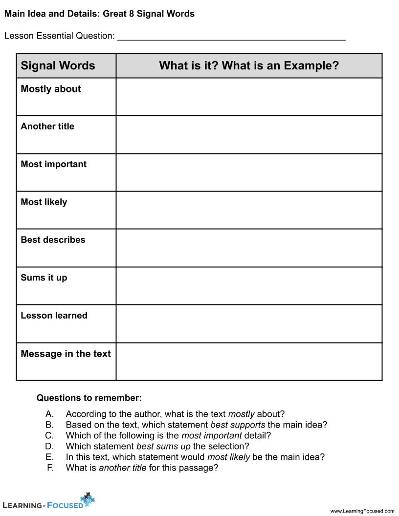 Main Idea and Details_ Great 8 Signal Words – Learning-Focused